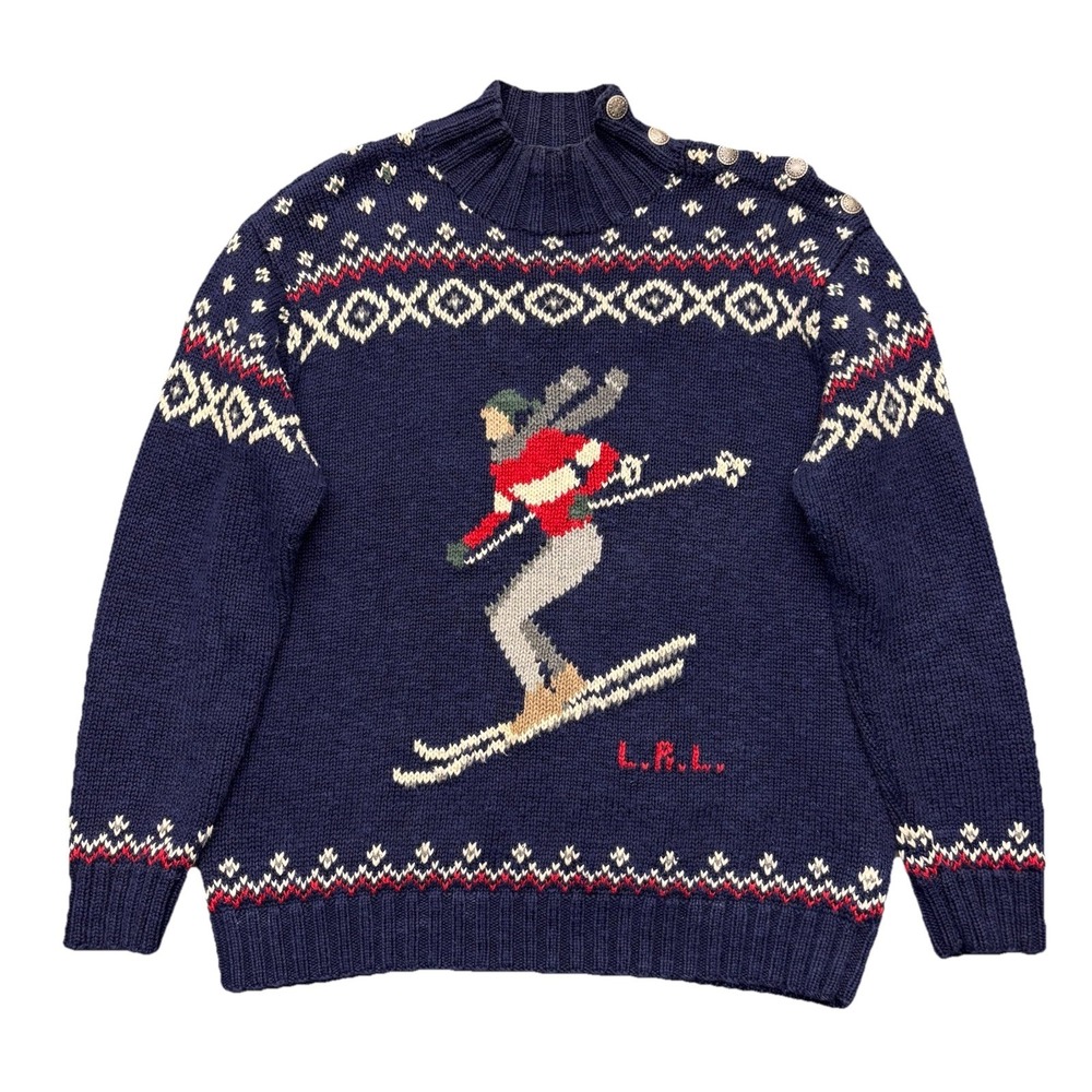 Lauren Ralph Lauren Navy Ski Jumper Sweater with Red, Cream, Gray, Brown Accents - Picture 1 of 16